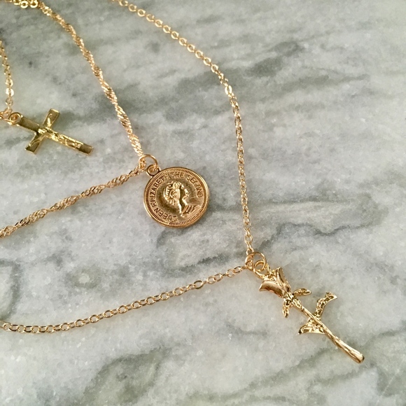 Rose, Coin, and Cross Layered Gold Necklace - Picture 7 of 8